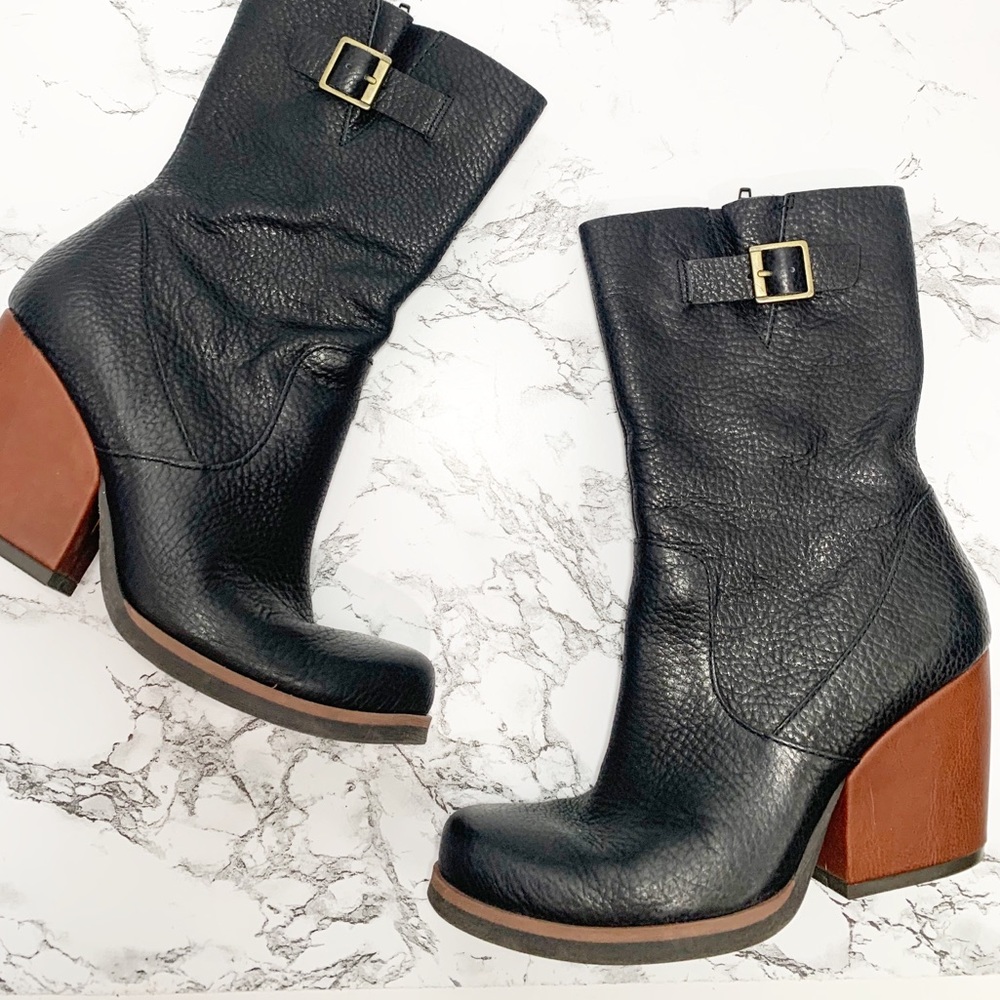 Korkease pebbles leather staked heel mid calf boot
